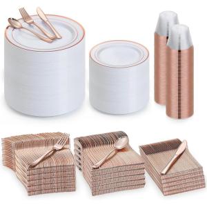 image600Pcs Rose Gold Plastic Dinnerware Set for 100 Guests Disposable Plastic Plates for Party Wedding Birthday Includes Dinner Plates 100 Salad Plates 100 Spoons 100 Forks 100 Knives 100 CupsRose Gold